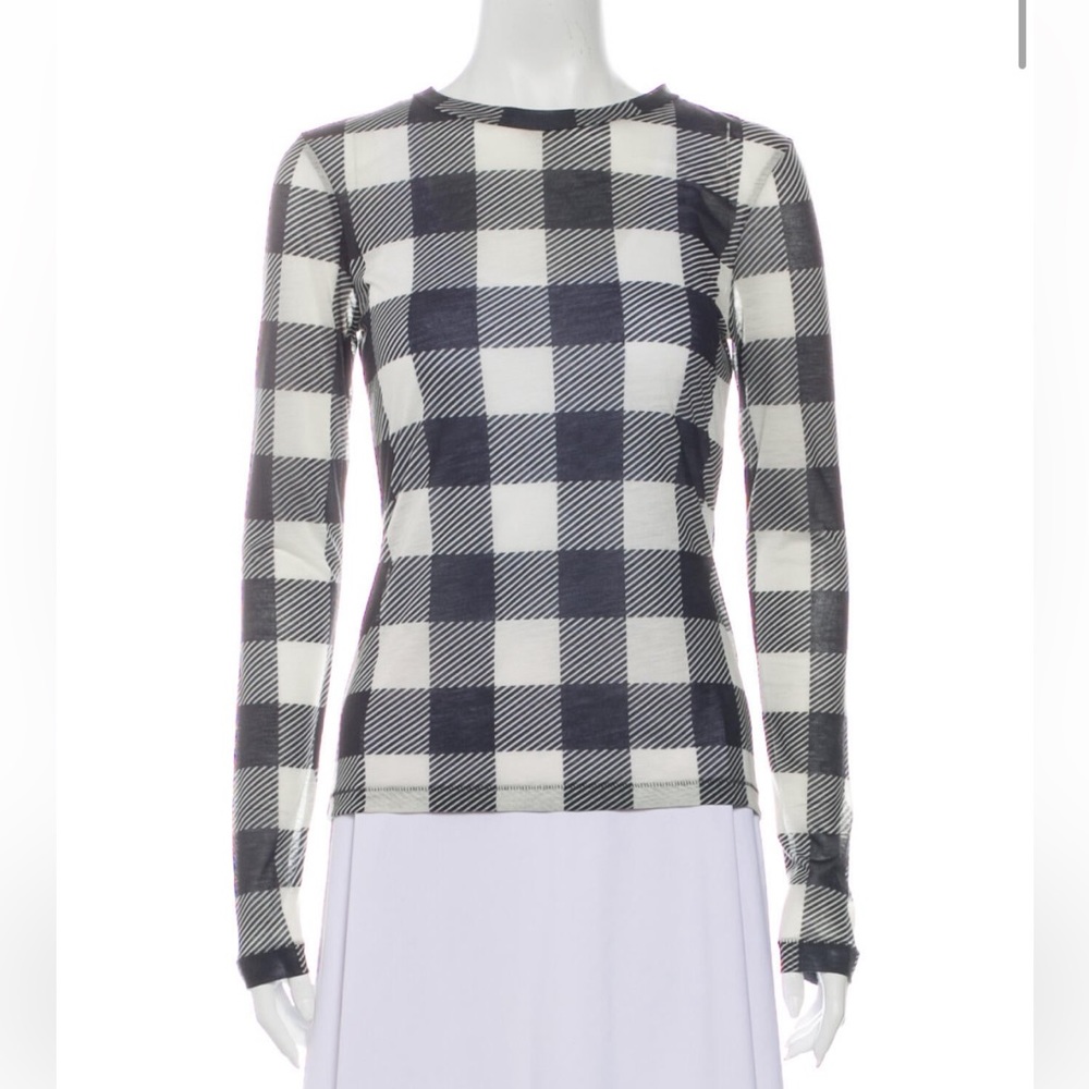 RAG & BONE Plaid Print Crew Neck Top Size Small Black And White Long Sleeve